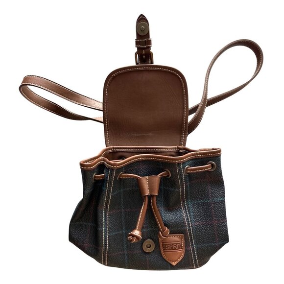 Vintage Esprit Plaid Mini Backpack Navy Brown Hobo Bag Crossbody Removable Strap - Picture 6 of 7